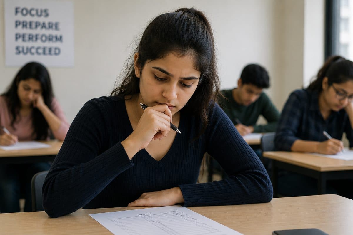 Student thinking through an answer during a mock test